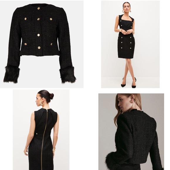 Karen Millen Set Sparkle Tweed DressAnd Faux Fur Cuff Jacket Sz 8 US - Picture 6 of 11